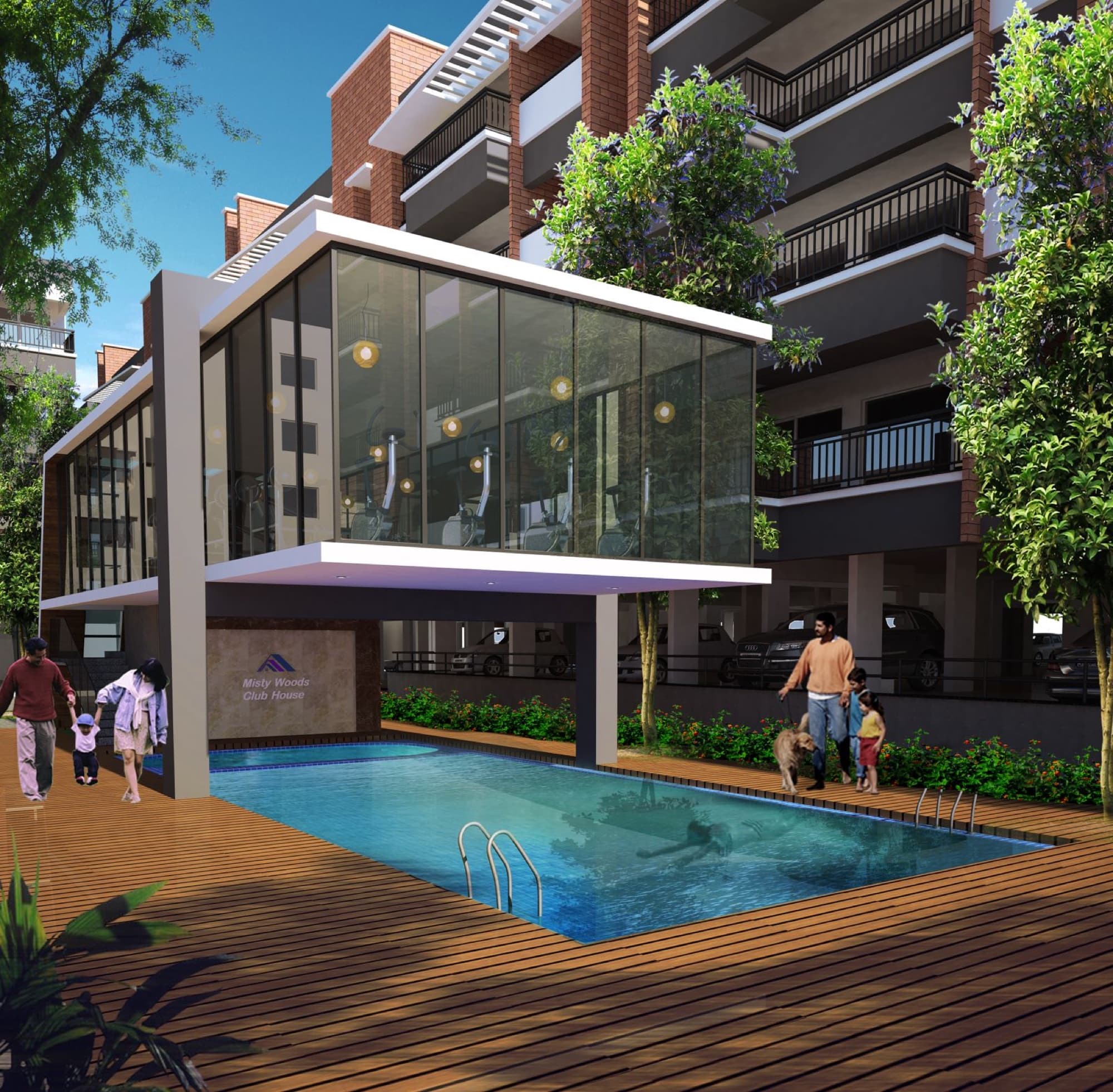 Pool and clubhouse beside a residential building