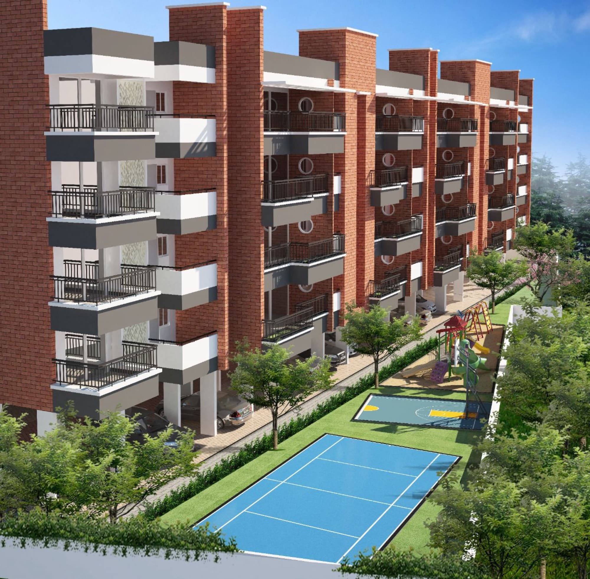 Residential building beside landscaped sports courts